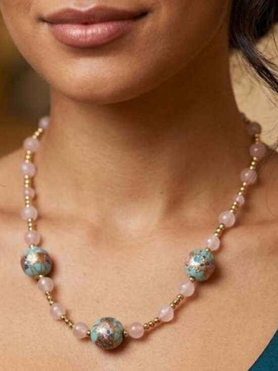 Murano Glass Artisan Jewelry - Vintage Murano Venetian Aqua Glass Gold Foil Bead Necklace Rose Quartz Beads